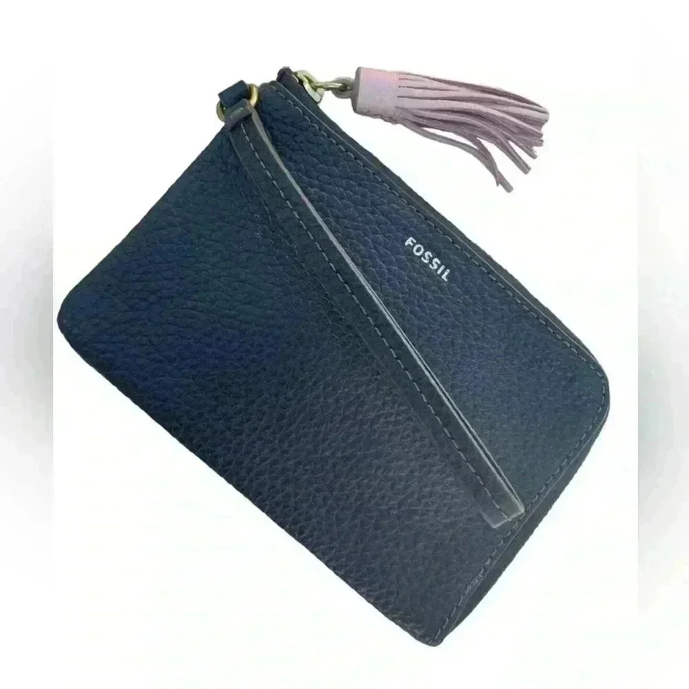 FOSSIL womens Tara Leather Wristlet Clutch Handbag Black Pink Tassle gently used